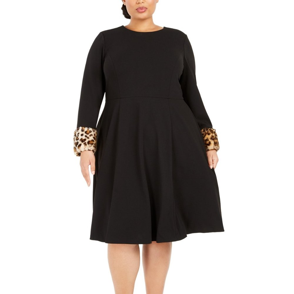 Black Leopard Faux Fur Trim Plus Size Sleeve Dress